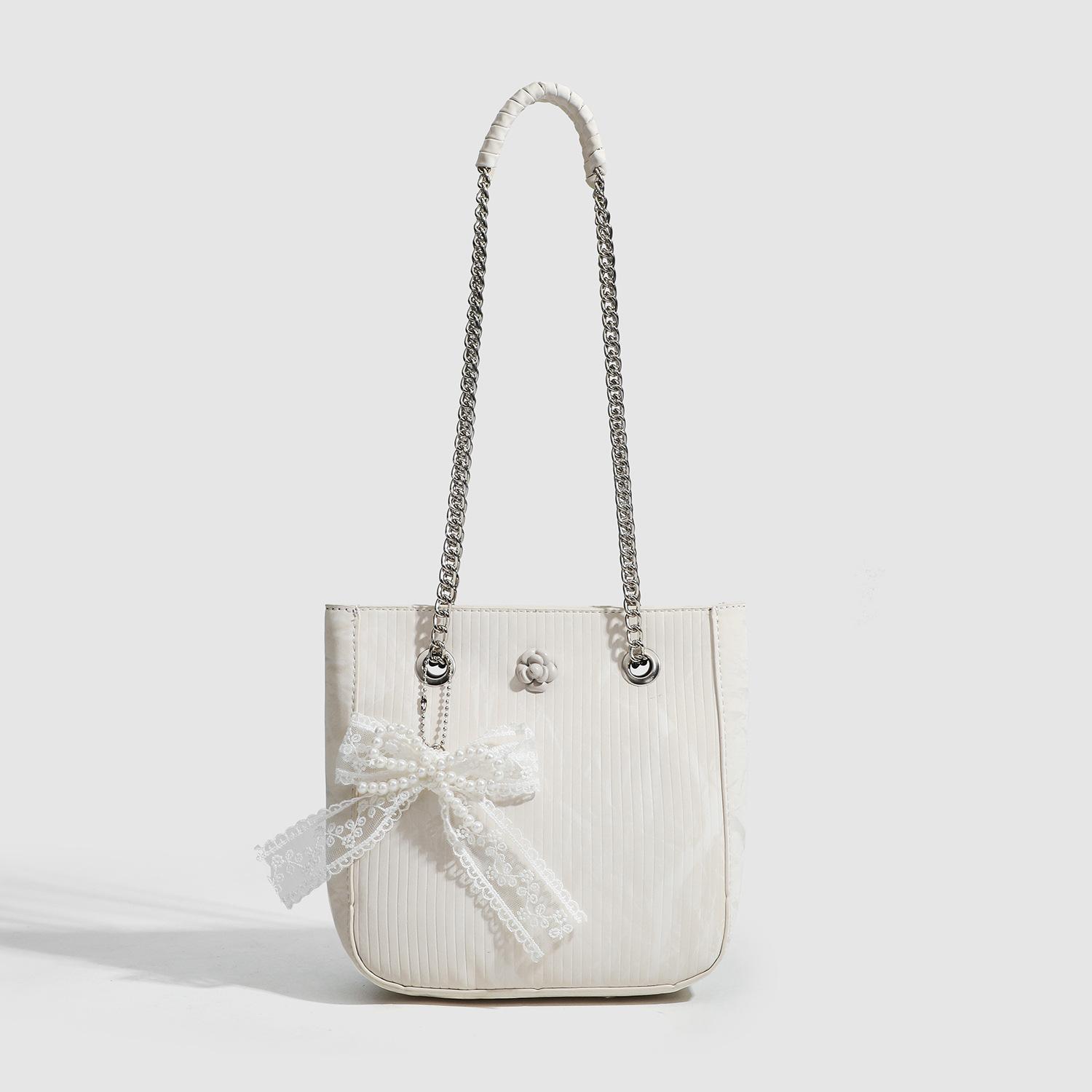 

Versatile Tote Bag Autumn Pure Desire Lady Vertical Pattern Lace Bow Pendant Design Sense Women S Bag белый