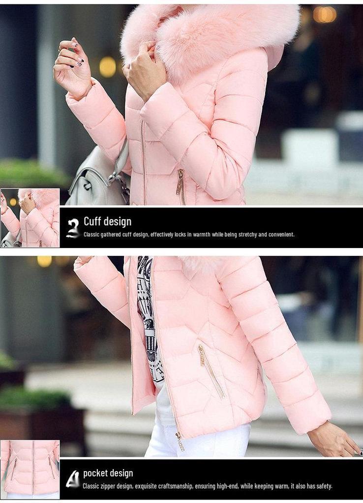 Women's Winter Hooded Short Cotton Jacket with Fur Collar - Slimming and Warm