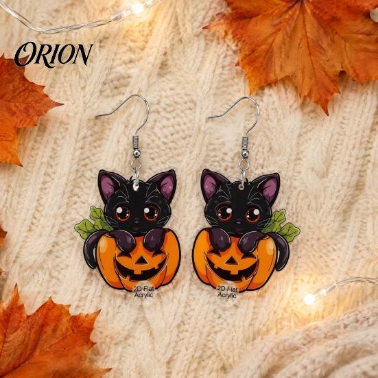 Halloween Black Cat Earrings Pumpkin Dangle Earrings, Cute Cartoon Animal Drop Jewelry Orange for Women Girls, Novelty Holiday Gift Party Daily Wear