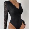 Body Sexy de Encaje Transparente Liso de Manga Larga Ajustado para Mujer
