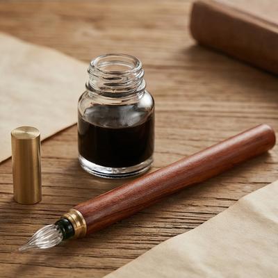 Vintage Design Glasfeder Tinte Tauchstift Metallische Stiftkappe Holzstiftkörper Nostalgisches Erlebnis Geeignetes Geschenk für Freunde, Studenten und Kinder