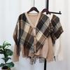 Plaid Fringed Sweater Fake Two-piece Shawl Cardigan Women's Autumn and Winter New V-neck Design Sense Niche Knitted Sweater Jacket