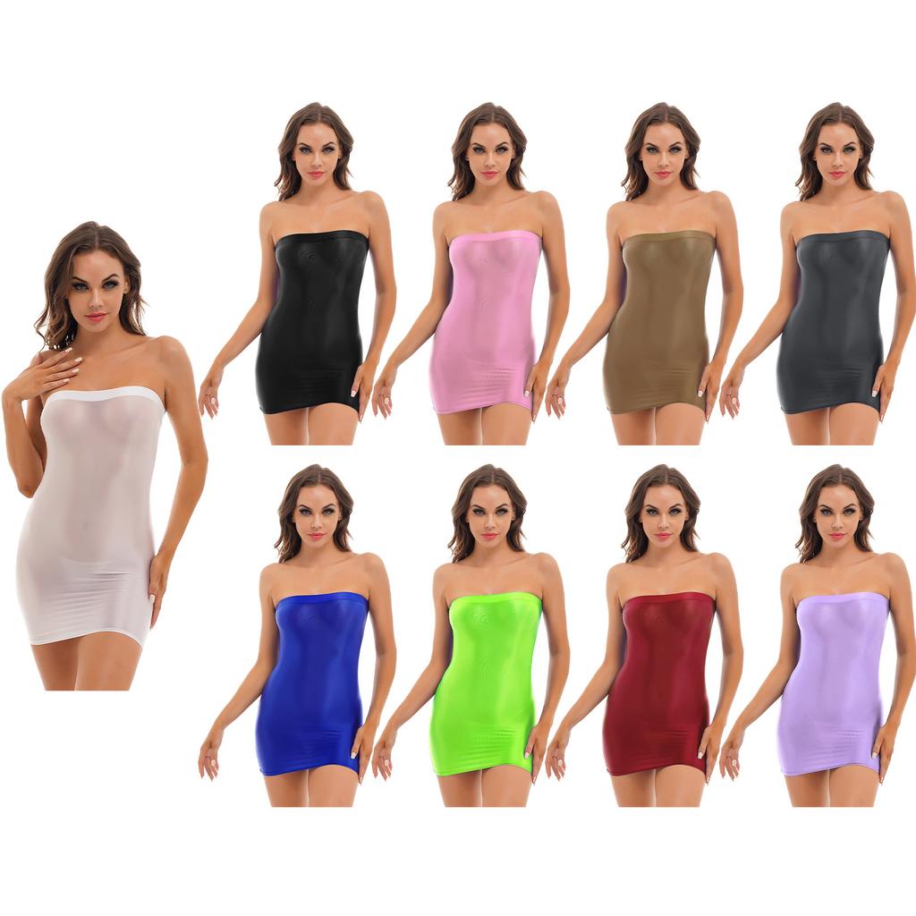 Womens Glossy Bodycon Dress Strapless Design Stretchy Pencil Dress Solid Color Nightclub Wear Evening Dress
