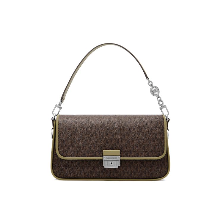 Michael Kors MK Bradshaw Woven Flap Vintage Chain Print Faux Leather Baguette Bag Women shoulder bag Olive-Green Brown 30S1S2BL1B390