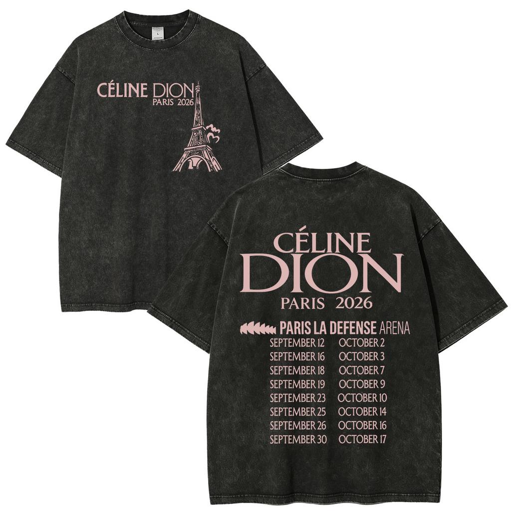 Vintage Washed Celine Dion Paris 2026 Tour T-shirts Men's Women Clothing Fashion Hip Hop Casual Oversized Short Sleeve T Shirts