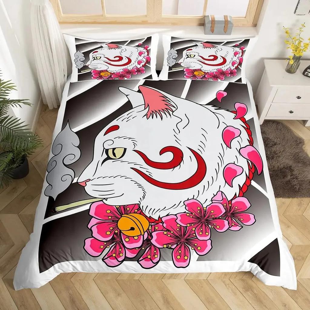 Lucky Cat Duvet Cover Set Japanese Style Hokusai Wave Pattern Bedding Sets Exotic Red Torii Gate Sun Decor Comforter Cover Set