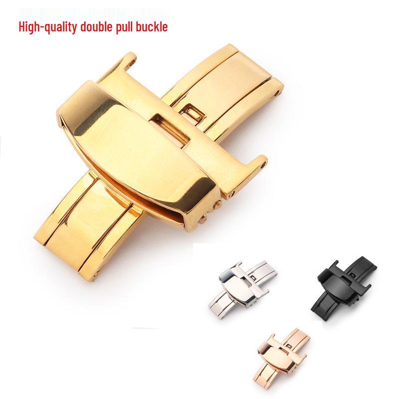 

316L Stainless Steel Double Deployment Butterfly Buckle Leather Watch Strap, 10-24mm Silver 20mm