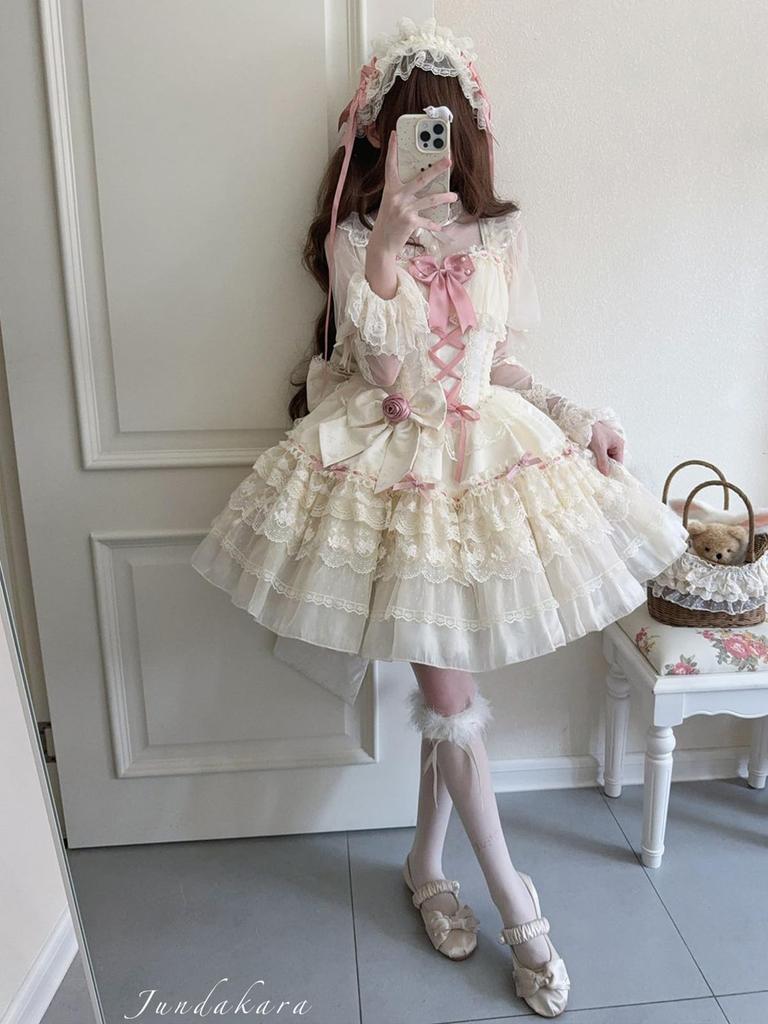 Jundakara Tiered JSK Jumper Skirt with and Perfect for or Palace Perfect for Mori Girl and Beige Women's Ribbons, Ruffles, Lace-Up Design, Cosplay,