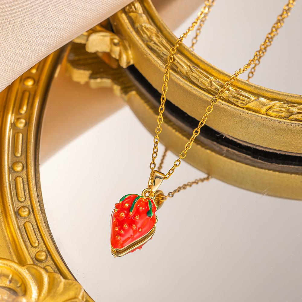 Women Girls Sweet Cute Strawberry Series Pendant Necklace Stainless Steel Chain Lovely Strawberry Fruit Jewelry Accessories Gift