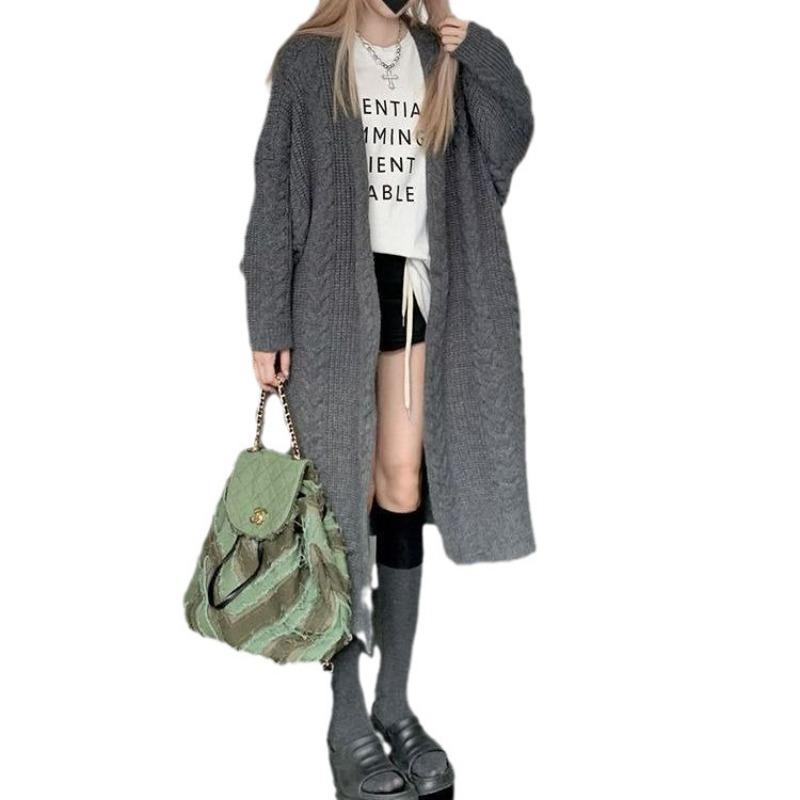 Vintage Lazy Style All-match Knitted Hemp Pattern Autumn and Winter Loose Thick Warm Long Cardigan Sweater Coat Women's Clothing