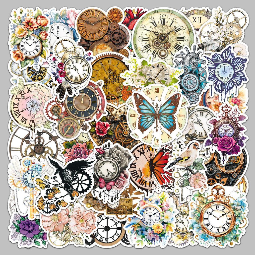 50 Retro Clock & Flower Stickers: Waterproof Decor for Journals, DIY Helmets, and Speakers