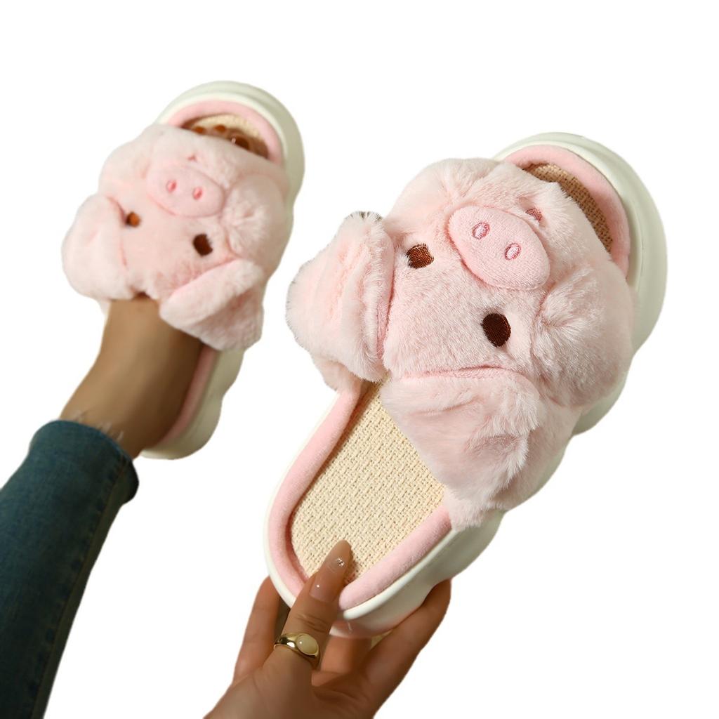 Fashion Cartoon Cute Fluffy Fur Slippers Women Winter New Warm Flat Heel Home Cotton Slippers Female Non Slip Indoor House Cotton Slides