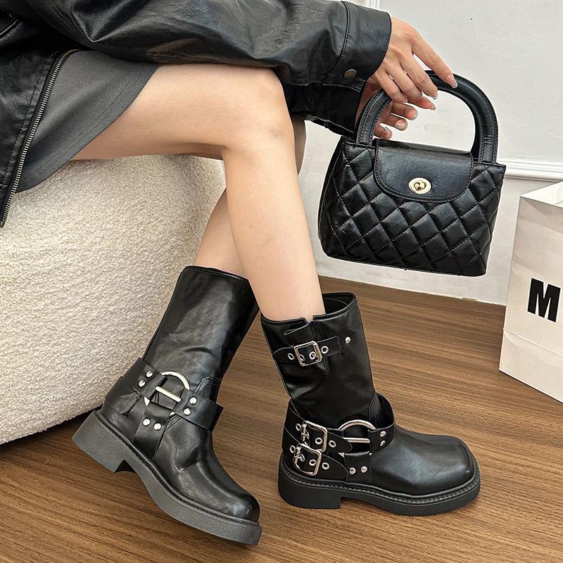 Fashion 2025 Ladies Shoes Slip-on Women's Boots Fashion Metal Decoration Modern Boots Women New Versatile Retro Rome Mid-Calf Boots