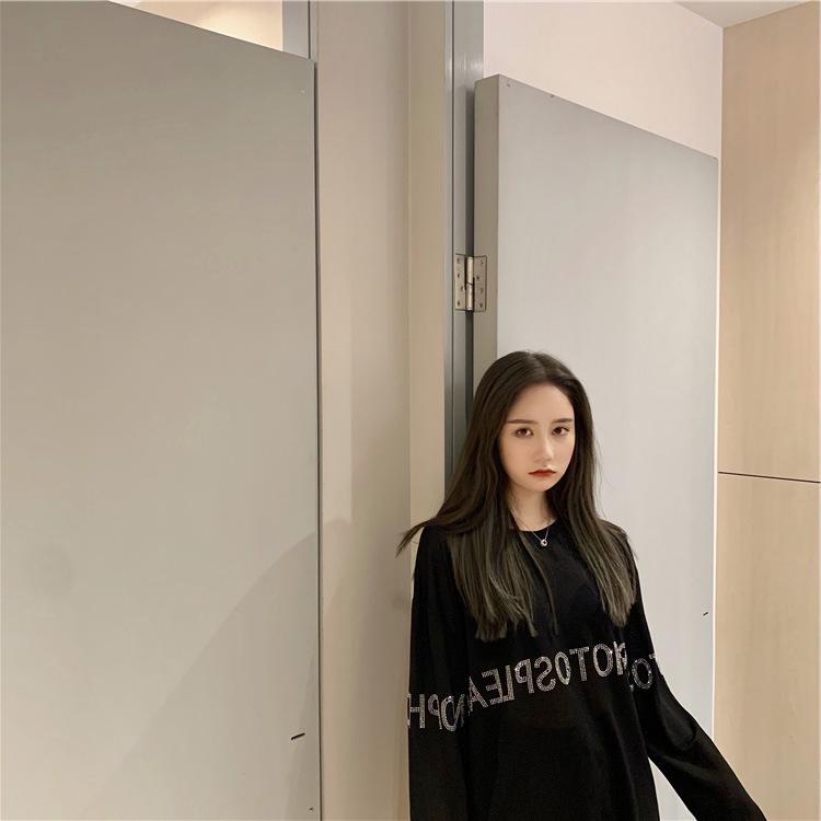 Autumn Women's Trendy Rhinestone Black Long Sleeve Loose Fit Top - Plus Size Slimming Cover-up