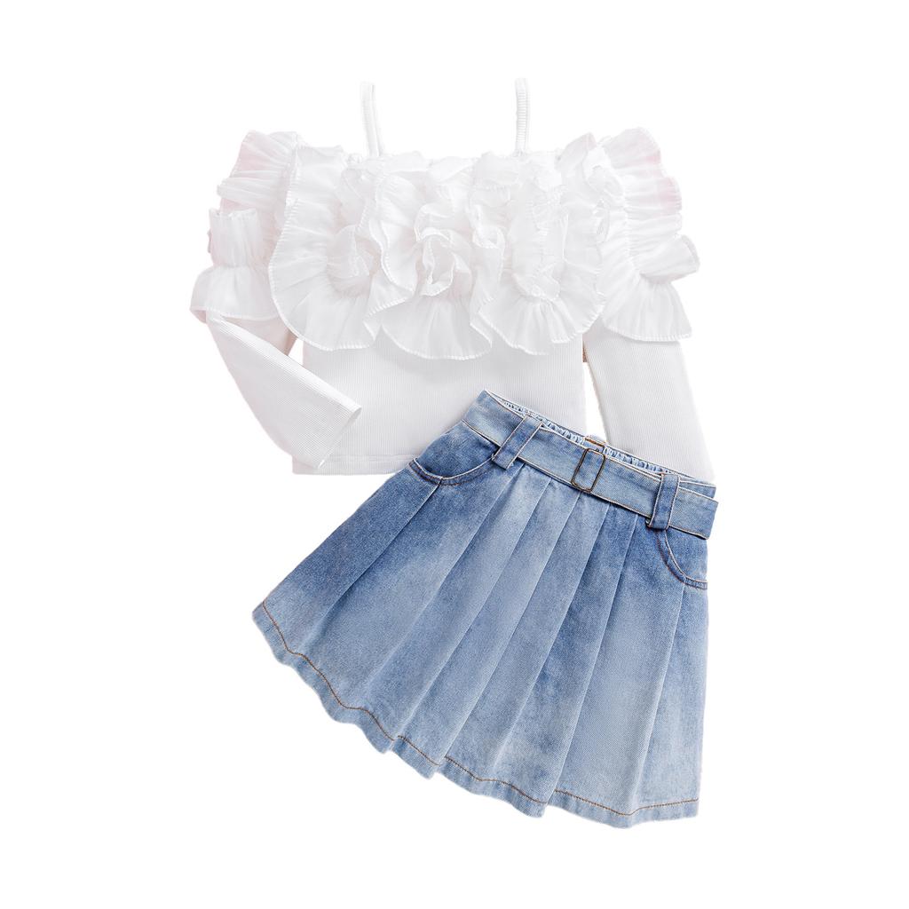 Girls' Fashionable Set Summer Children's Elegant Solid Color One-shoulder Strappy Long-sleeved Pleated Skirt Set