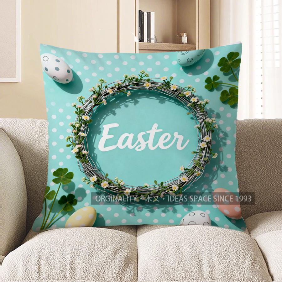 

2D Easter Wreath & Polka Dots Pillow Cover Pattern Cushion Cover Suitable For Sofa Bedroom Car Pillow Cover 40x40cm