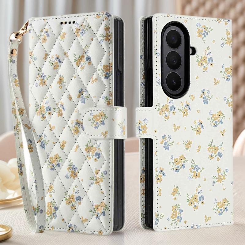 Applicable to Samsung Z Fold7Lanyard phone case with floral and checkered pattern leather cover Fold6/5/4Flip cover case