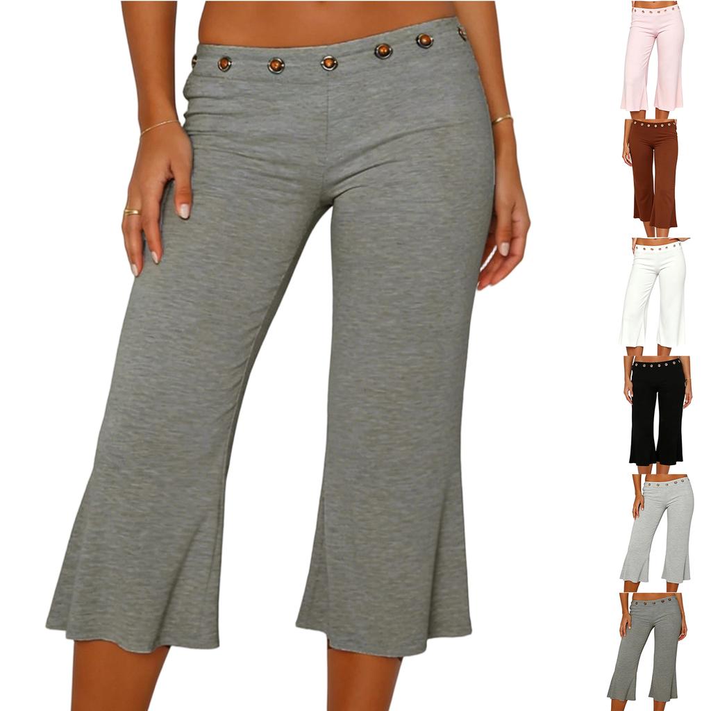 Women Slim Fit Flared Capri Pants Seven Quarter Length Casual Streetwear Sport Trousers with Waist Eyelet Detail
