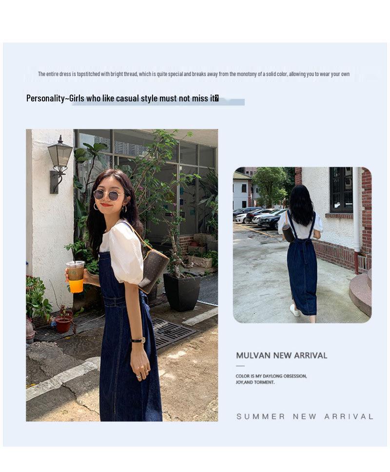 Damen Denim Latzrock in lockerer Passform - Lässiges französisches Streetstyle Trägerkleid mit Seitenschlitz.