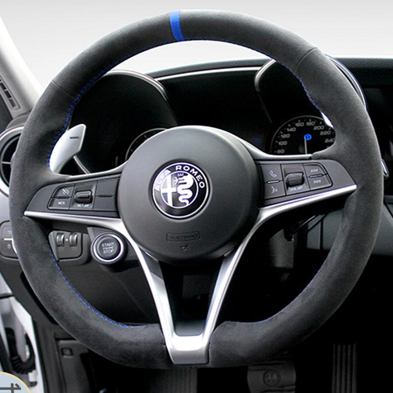 IMKC9 DIY Hand sewn Braid Black non-slip suede Car Steering Wheel Cover For Alfa Romeo Giulia Stelvio Giulietta Automotive Interior