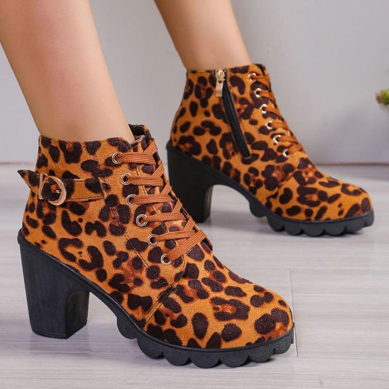 2024 Fashion Lace Up Women's Boots Winter Round Head Leopard Pattern Short Tube Thick Heel Zipper Plus Size Fashion Boots