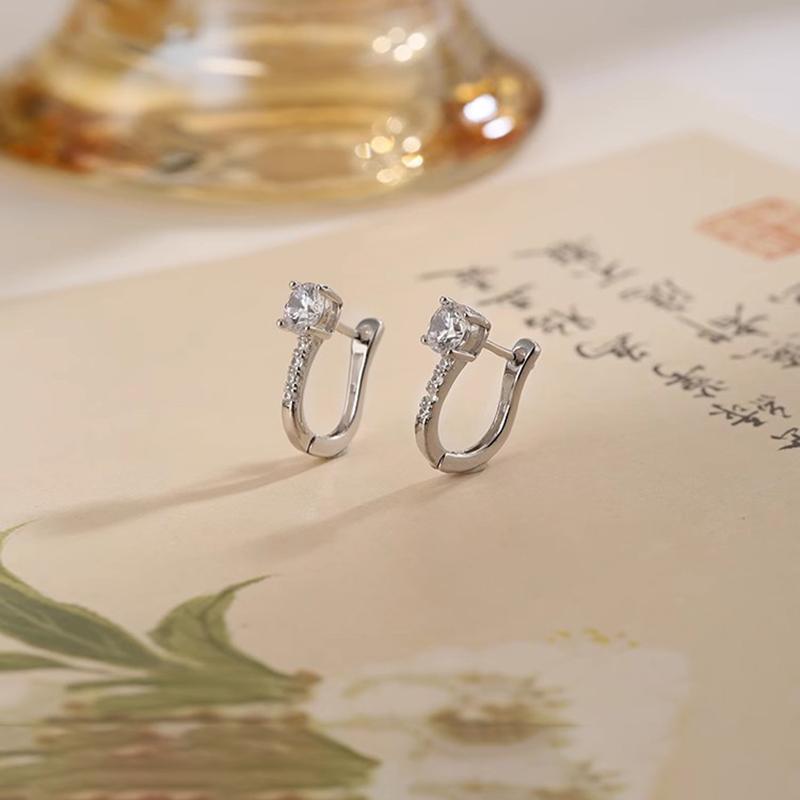 Real 925 Silver Zircon U-shaped Hoop Earrings For Women Classic Fine Jewelry Light Geometric Accessories