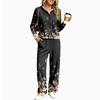 Women's V-Neck Print Long Sleeve Hooded Pajama Set with Pockets, Loose Fit Casual Wear
