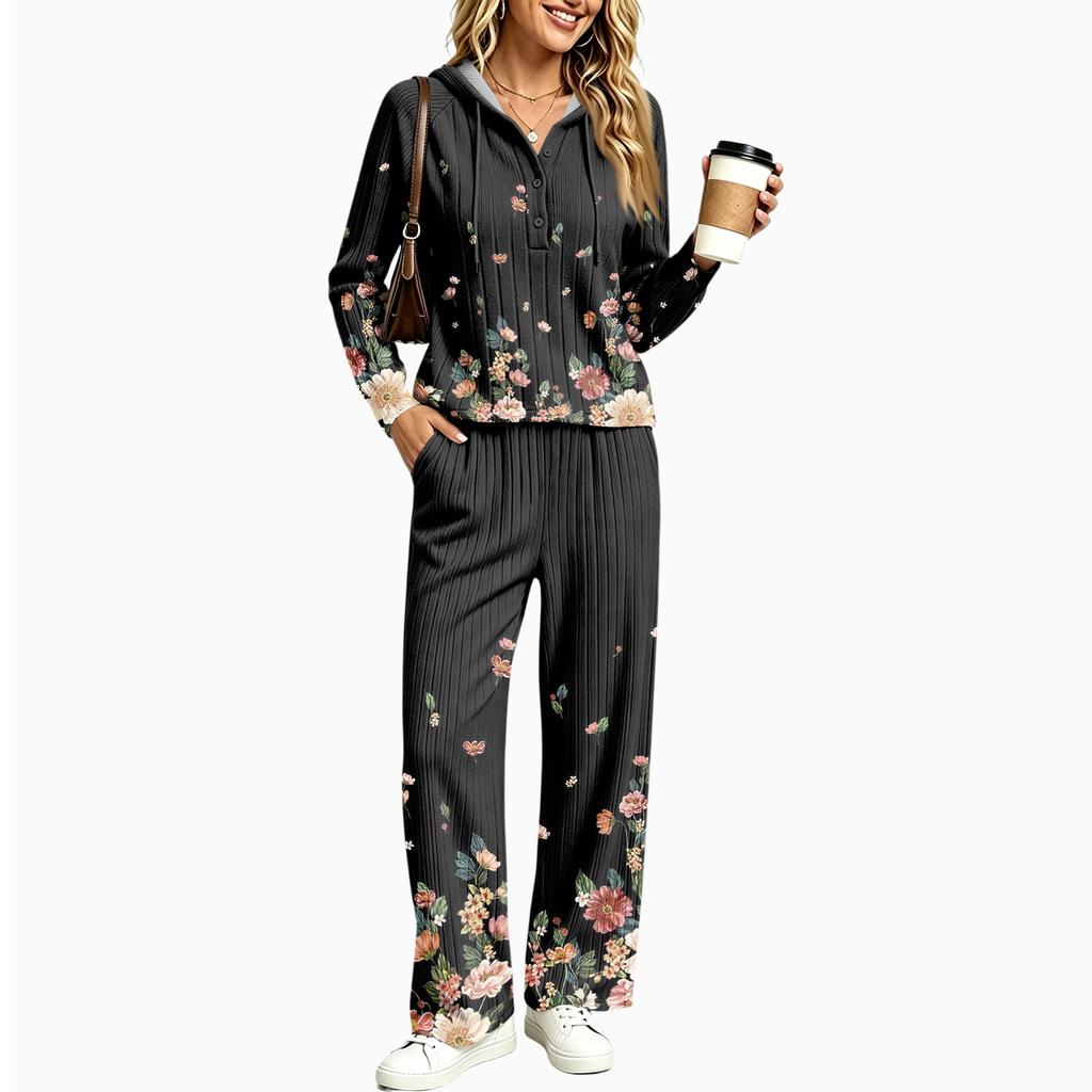Women's V-Neck Print Long Sleeve Hooded Pajama Set with Pockets, Loose Fit Casual Wear