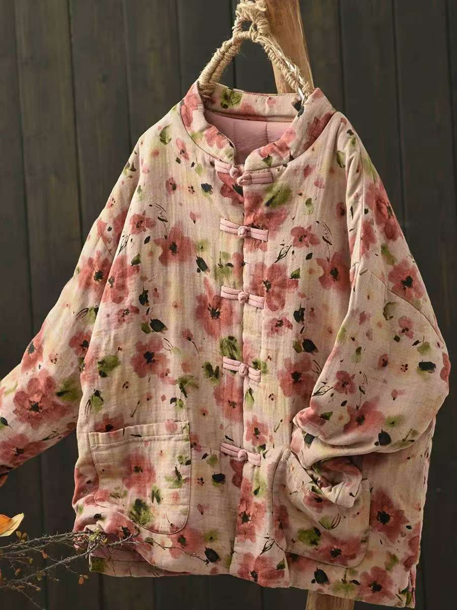 

Johnature Женское зимнее винтажное цветочное принтовое пальто с пряжкой в китайском стиле, свободное однобортное с длинными рукавами One Size розовый