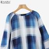 ZANZEA Women Casual Round Neck Plaid Print Long Sleeve Cover Up Tee Tops