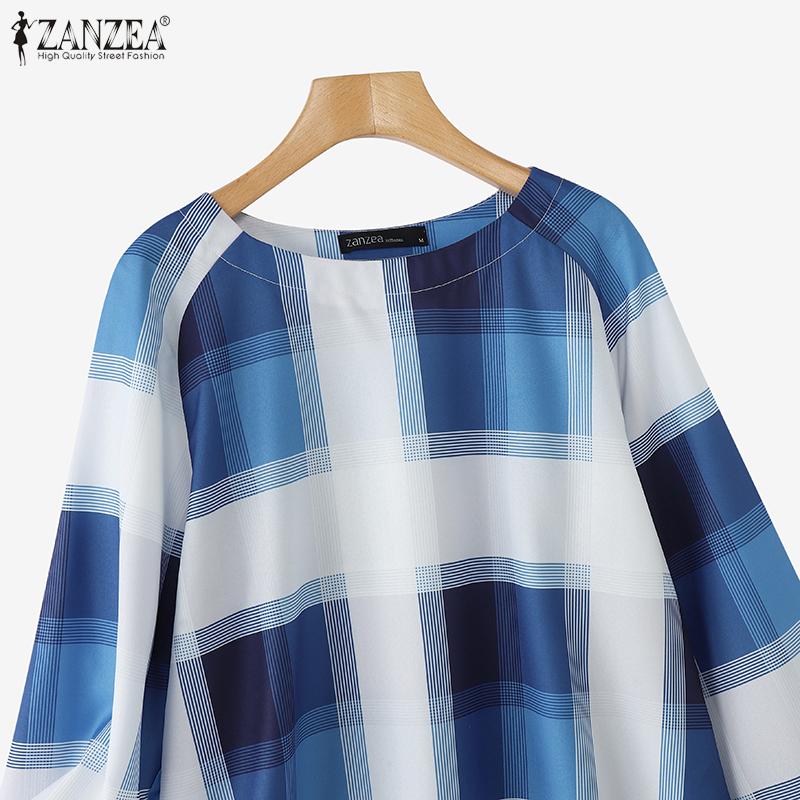 ZANZEA Women Casual Round Neck Plaid Print Long Sleeve Cover Up Tee Tops
