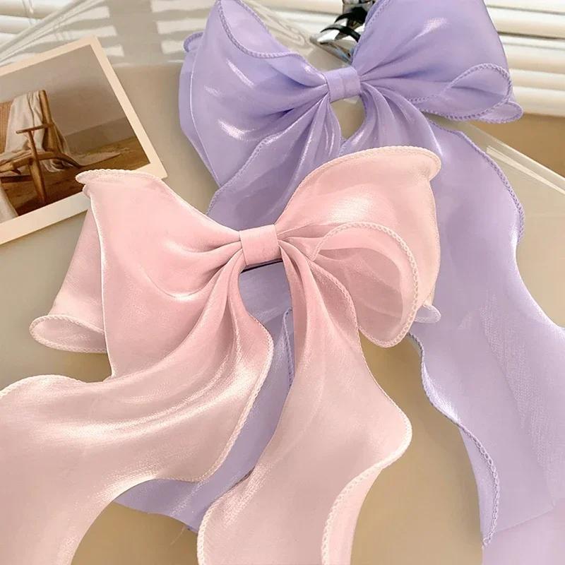 1/2Pcs Mesh Ribbon Bow With Curly Tails Spring Elegant And Gentle Hair Barrette/Clip/Accessory For Half Updo For Women, College