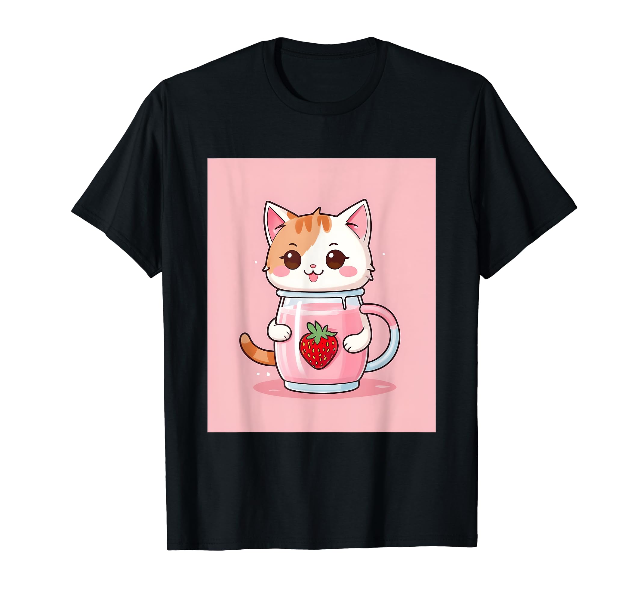 

strawberry things printed Kawaii, cat, milk, cute, Japanese, T-shirt чорний