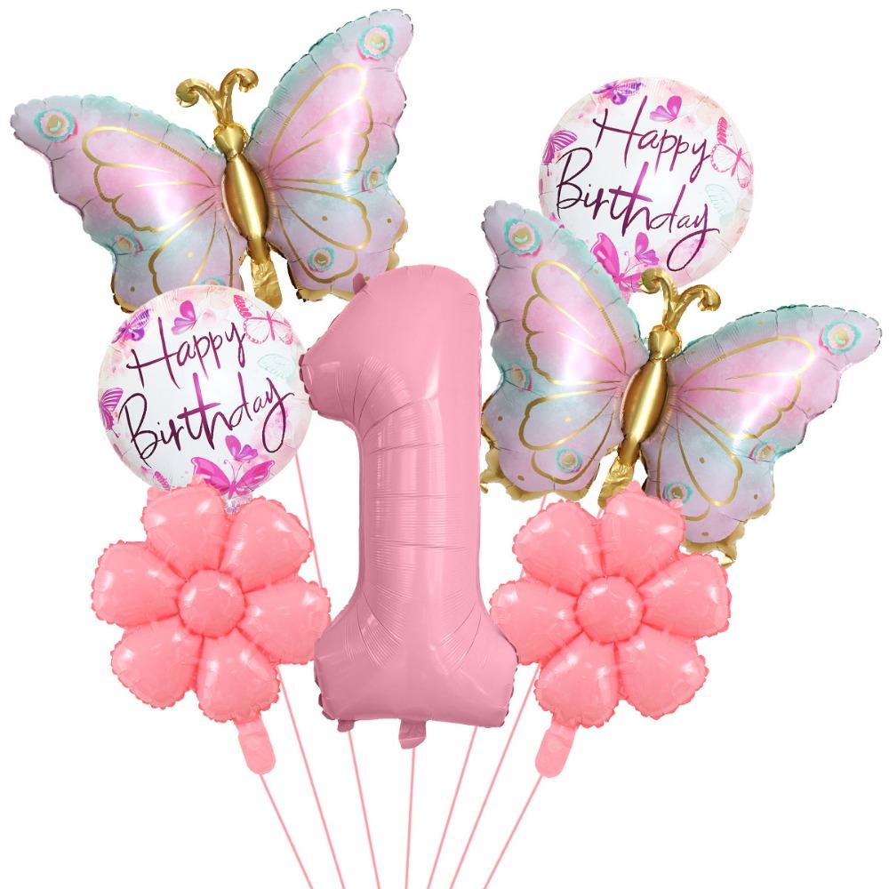 Palloncini Numerici Farfalle Rosa Materiale Foil Palloncini Fiore Happy Birthday 1-9 Palloncini Foil Forniture per Feste di Compleanno