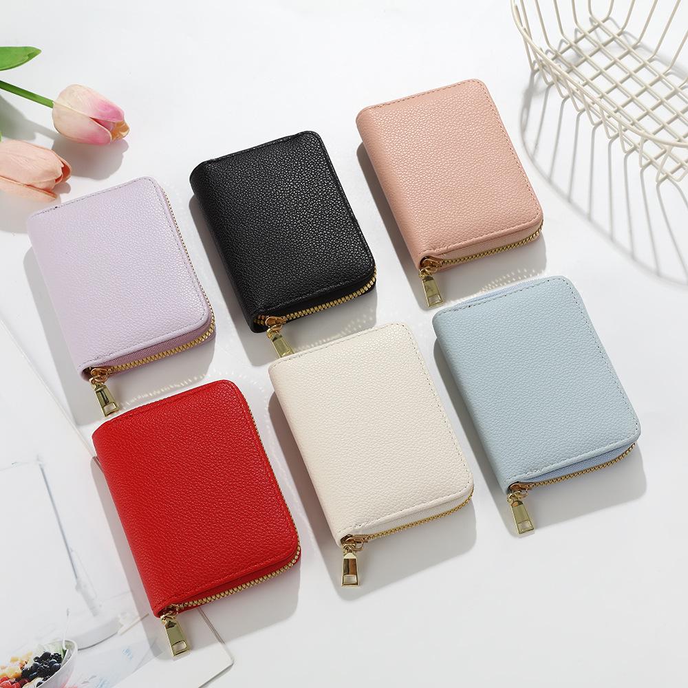 Women's Solid Color Accordion Card Holder - Lychee Pattern, Large Capacity, Multi-Card Slot, Simple Coin Purse Trend