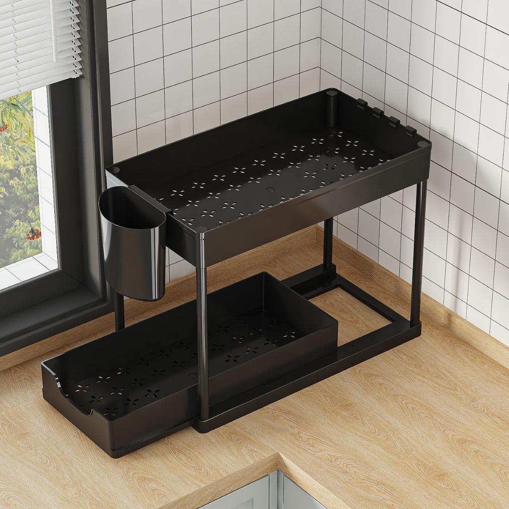2 Tier Under Sink Sliding Storage Basket Cabinet Organizer Rack with Hooks & Hanging Cup, Multifunctional for Bathroom & Kitchen