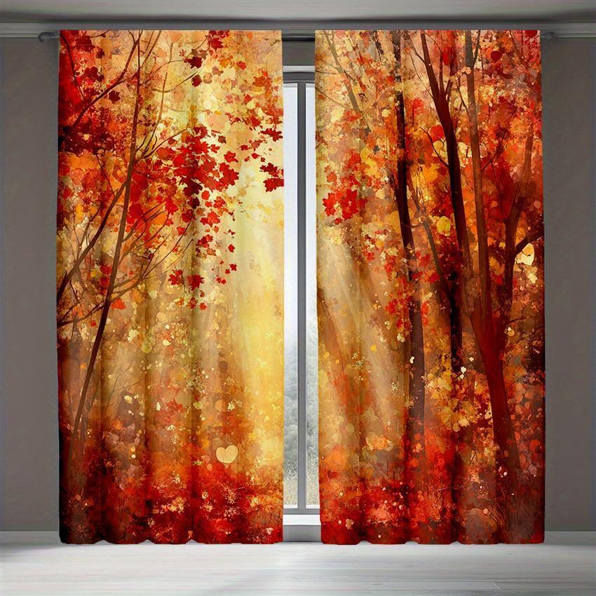 Sunset Forest Leaves Drapes Autumn Trees Maple Natural Landscape Curtains Decorative Set Of 2 Made Polyester
