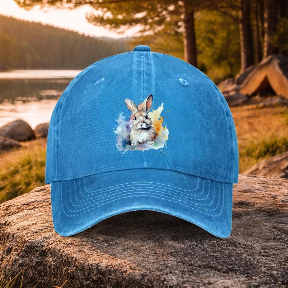 Watercolor Rabbit Print Washed Baseball Cap Adjustable Cotton Unisex Outdoor Headwear