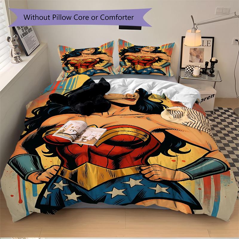3pcs Wonder Woman, Superhero Cover Set, Bedding Set, Soft Comfortable Duvet Cover, For Bedroom, Guest Room (1*Duvet Cover + 2*Pillowcases, W