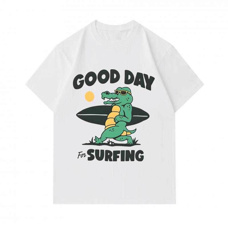 Men's 100% Cotton Crew Neck Short Sleeve T-Shirt, Funny Good Day For Surfing Cartoon Crocodile Printed Casual Lightweight Tee for Daily Summer Wear