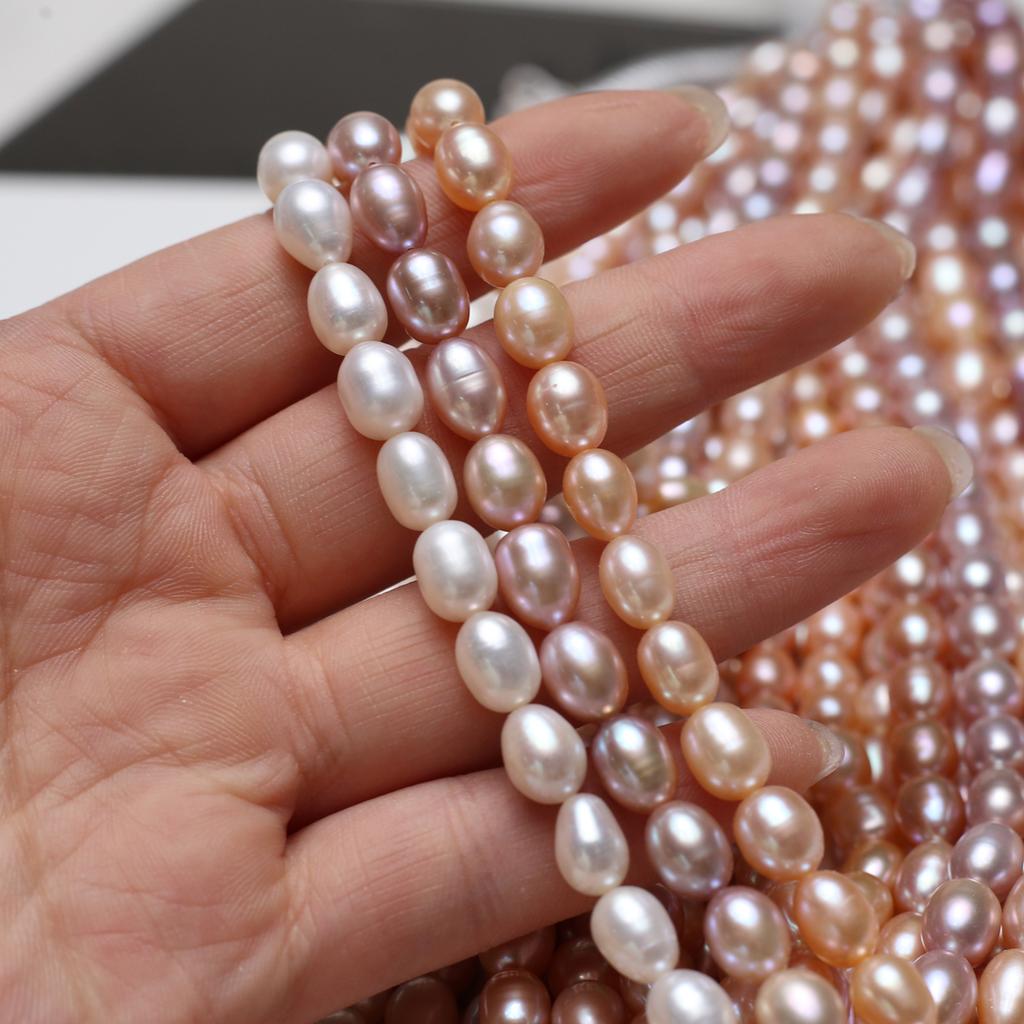 1String, White Pink Purple Natural Freshwater Pearls, Handmade Rice Pearl Beads for Jewelry Making DIY Necklaces Crafts (Beads 7-8mm, Length 36cm)