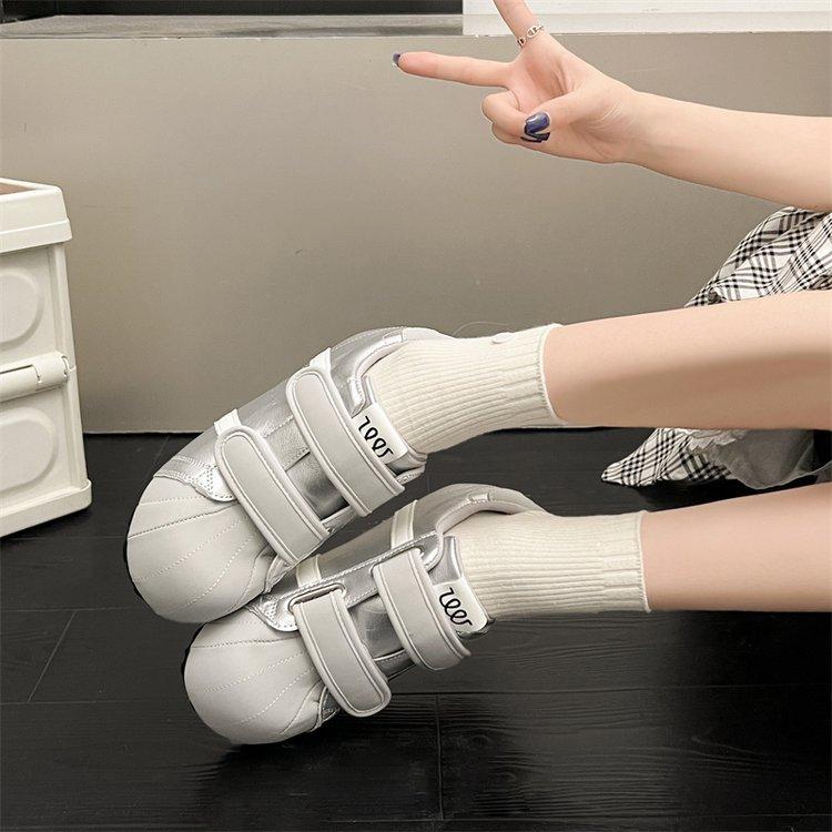 

Версия из коровьей кожи~ Плоская подошва с внутренней высотой, обувь Форреста Гампа, большая голова, уродливые милые, хлебные повседневные туфли, женские спортивные туфли на липучке для моральной подготовки 40 серебряный