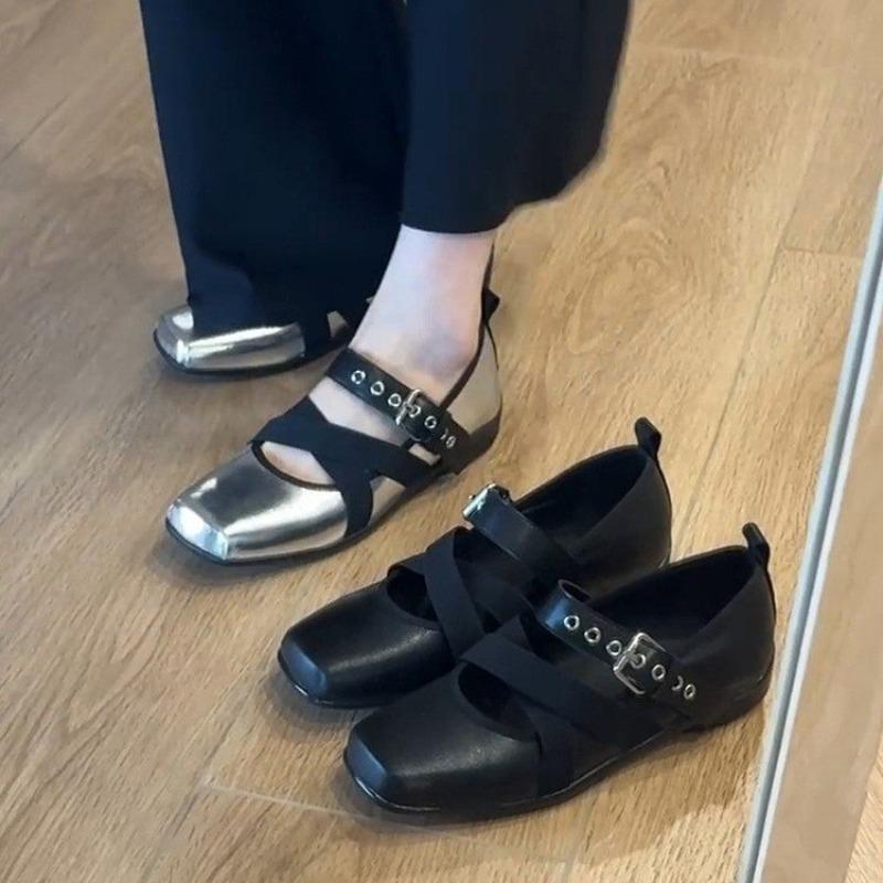 Fashion Square Heel Single Shoes Autumn New Square Toe Shallow Rivet Metal Slip Strap Soft Sole Non-Slip Low Top Shoes