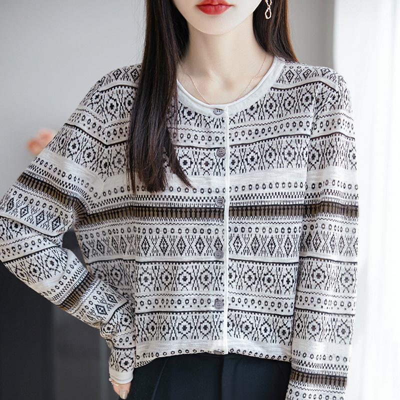 Women's Retro Jacquard Knit Cardigan - Spring/Summer, Round Neck, Long Sleeve, Loose Fit, Casual & Versatile.