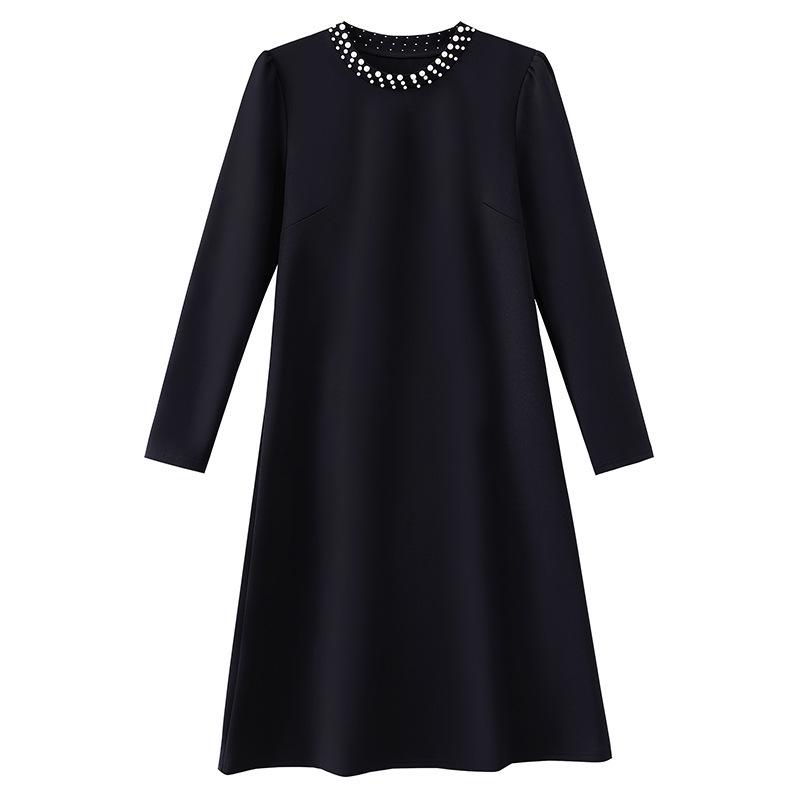 Black Slim-Fit Mid-Length Dress with Pearl Accents