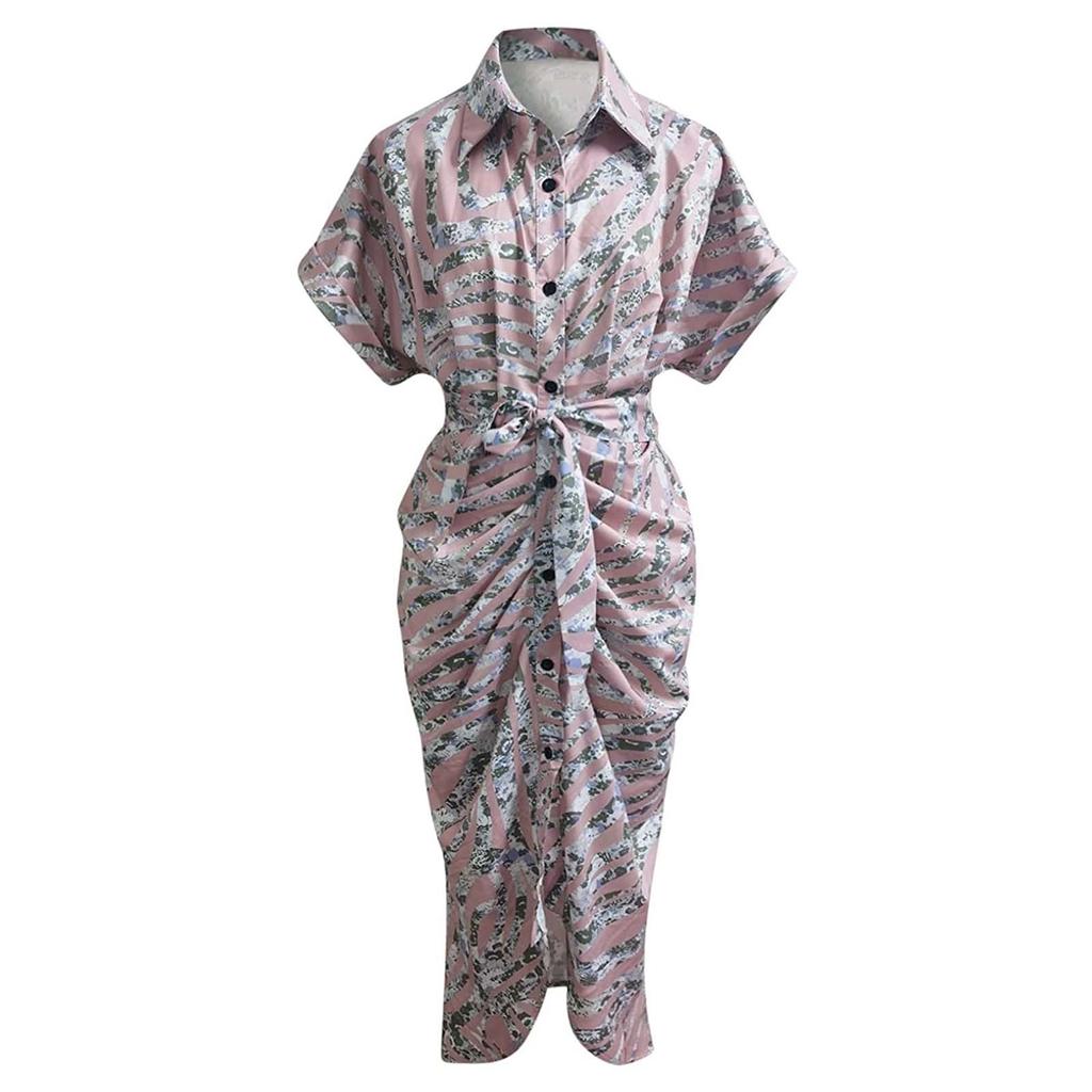 Women Casual Stand-up Collar Printed Shirt Button Belt Short-sleeved Long Skirt