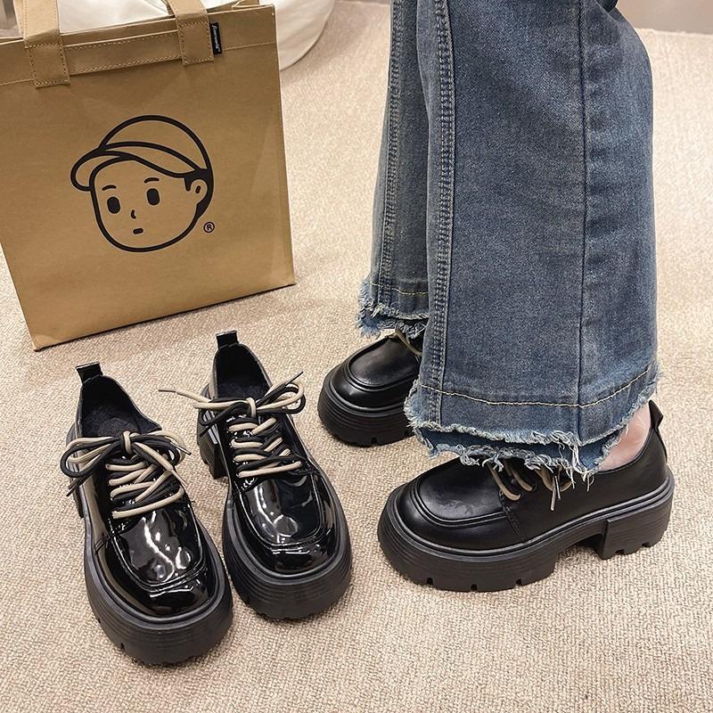 Thick heel thick sole heightened lace-up small leather shoes for women's spring and autumn new models plus versatile retro single shoes