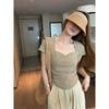 Women's Khaki Sweetheart Neck Ruched Crop Top Short Sleeve Slim Fit T-Shirt