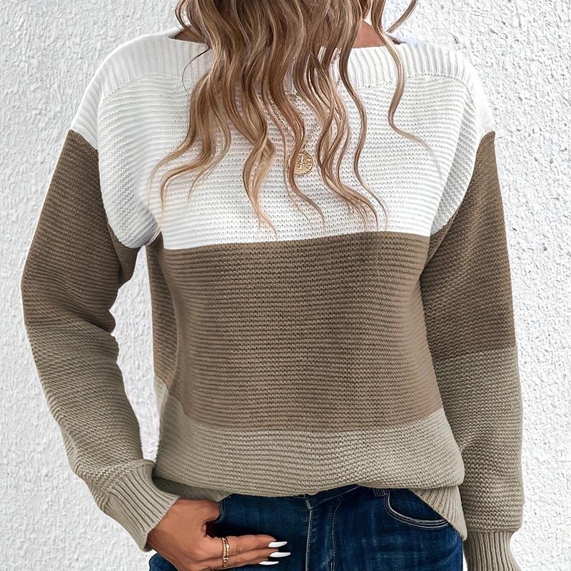 Autumn/Winter Knitted Sweater Women's Color Contrast Splicing Round Neck Long Sleeve Hoodie Top