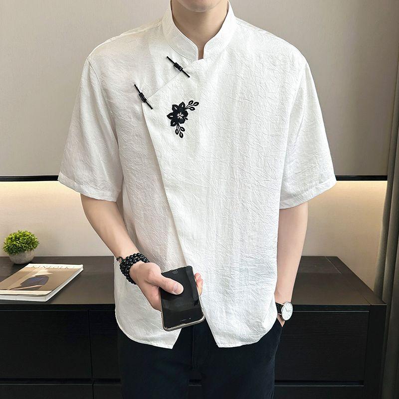 Summer Short-sleeved Shirt Men Ice Silk Stand Collar New Fashion New Chinese Top